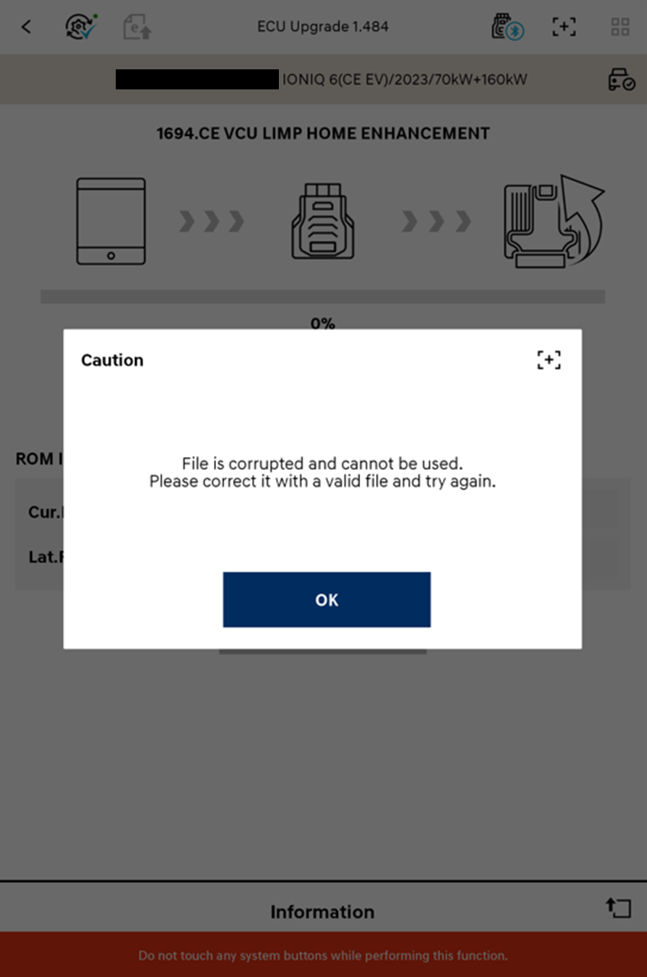 Mensagem de erro de atualização da ECU: O arquivo está corrompido e não pode         ser utilizado. Corrija-o usando um arquivo válido e tente novamente